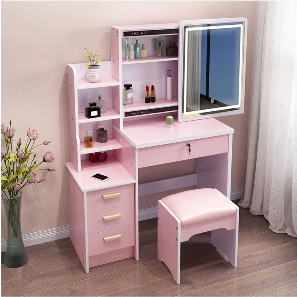 Trade Shop - Set Tavolo Da Toeletta Per Trucco Cosmetici Con Specchio Led Morbido Sgabello Cassetti - Rosa