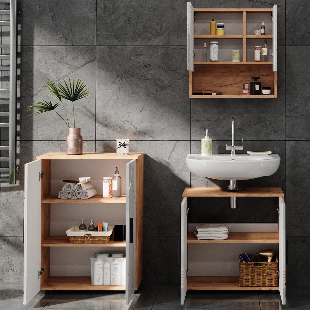 Vicco Set di mobili da bagno Bianco lucido/oro power oak 3 pezzi, con base 60 cm