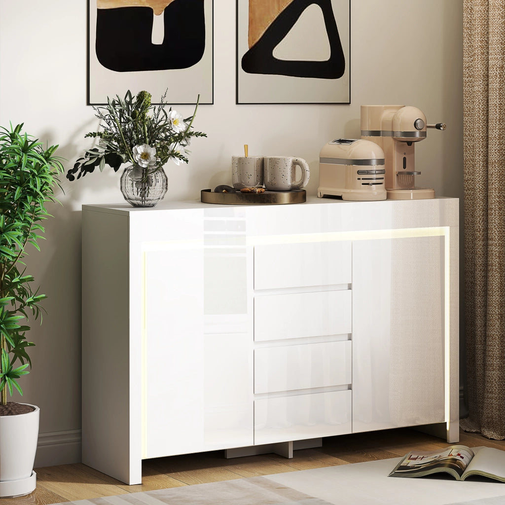 Cassettiera con Luci LED e Chiusura Morbida ¨C Minimal ¨C 120x34x80cm Bianco Lucido