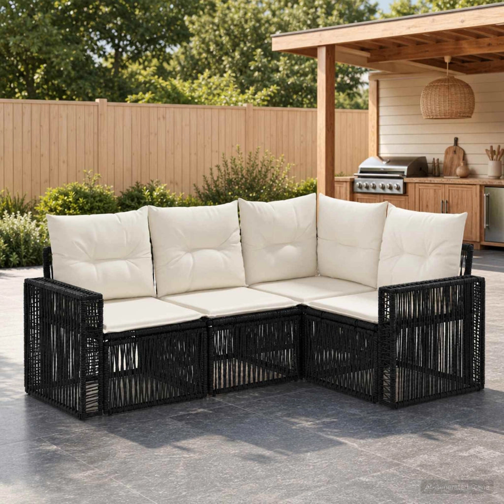 Set Divano da Giardino 4 pz Nero e Bianco Crema polyrattan 3435115