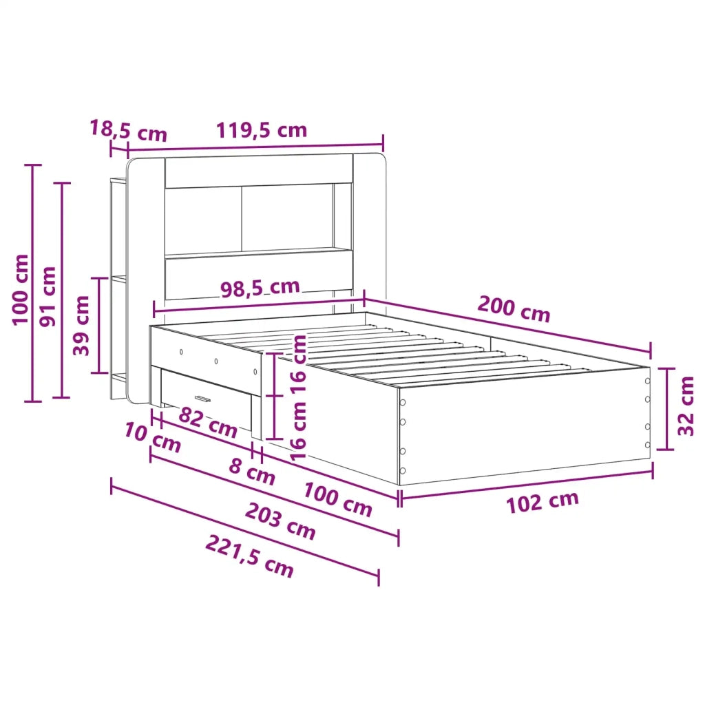 Letto singolo | Letto per adulti | Telaio del letto con storage Sonoma grigio 100 x 200 cm
