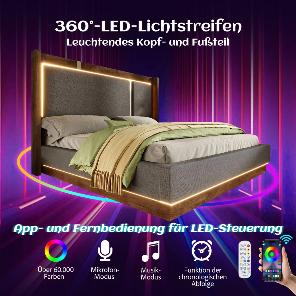 LETTO 90x200 cm con LED, contenitore, lino grigio e noce
