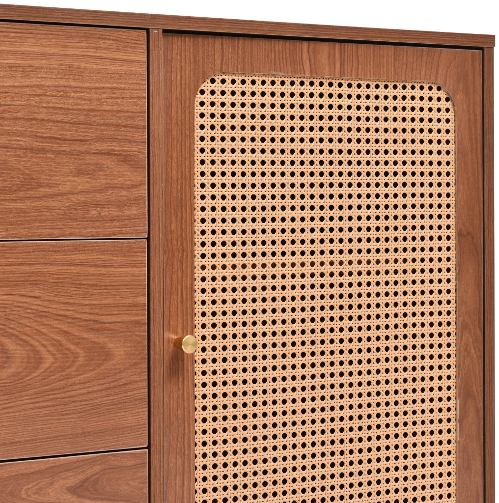 Comò con 3 cassetti e 2 ante; colore noce; 150x40x90 cm; in MDF; truciolare e metallo