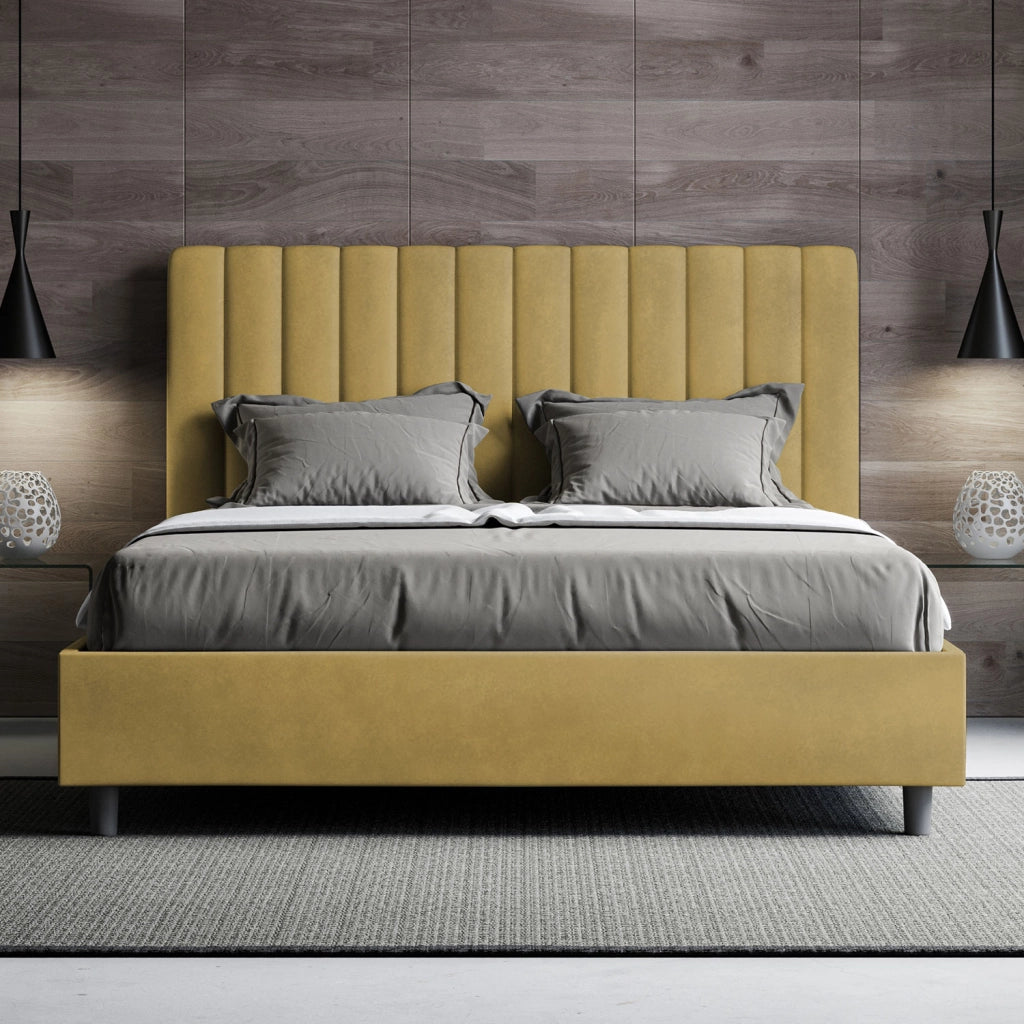 BS COM Letto queen size contenitore imbottito 150x200 microfibra ocra