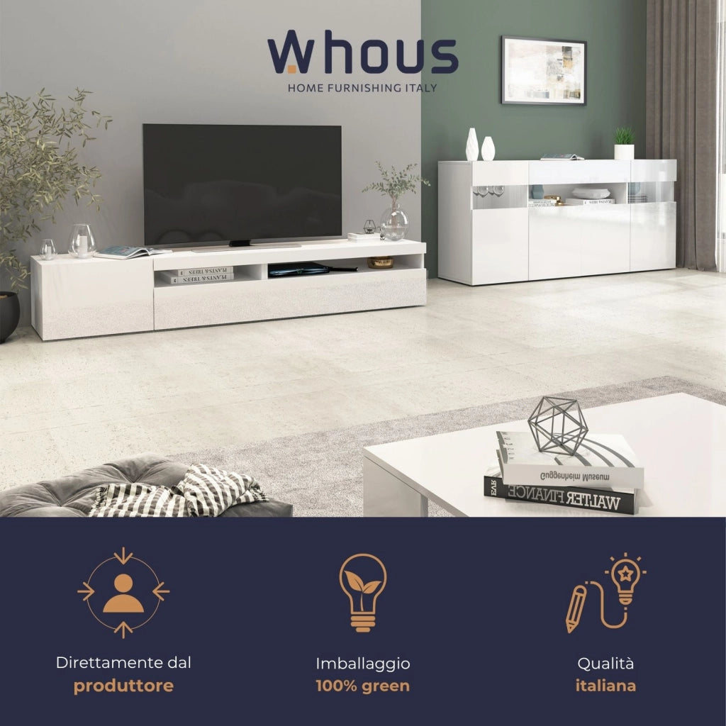 WHOUS Mobile porta tv Potenza con 2 ante e 2 vani bianco lucido 200x40x36 cm
