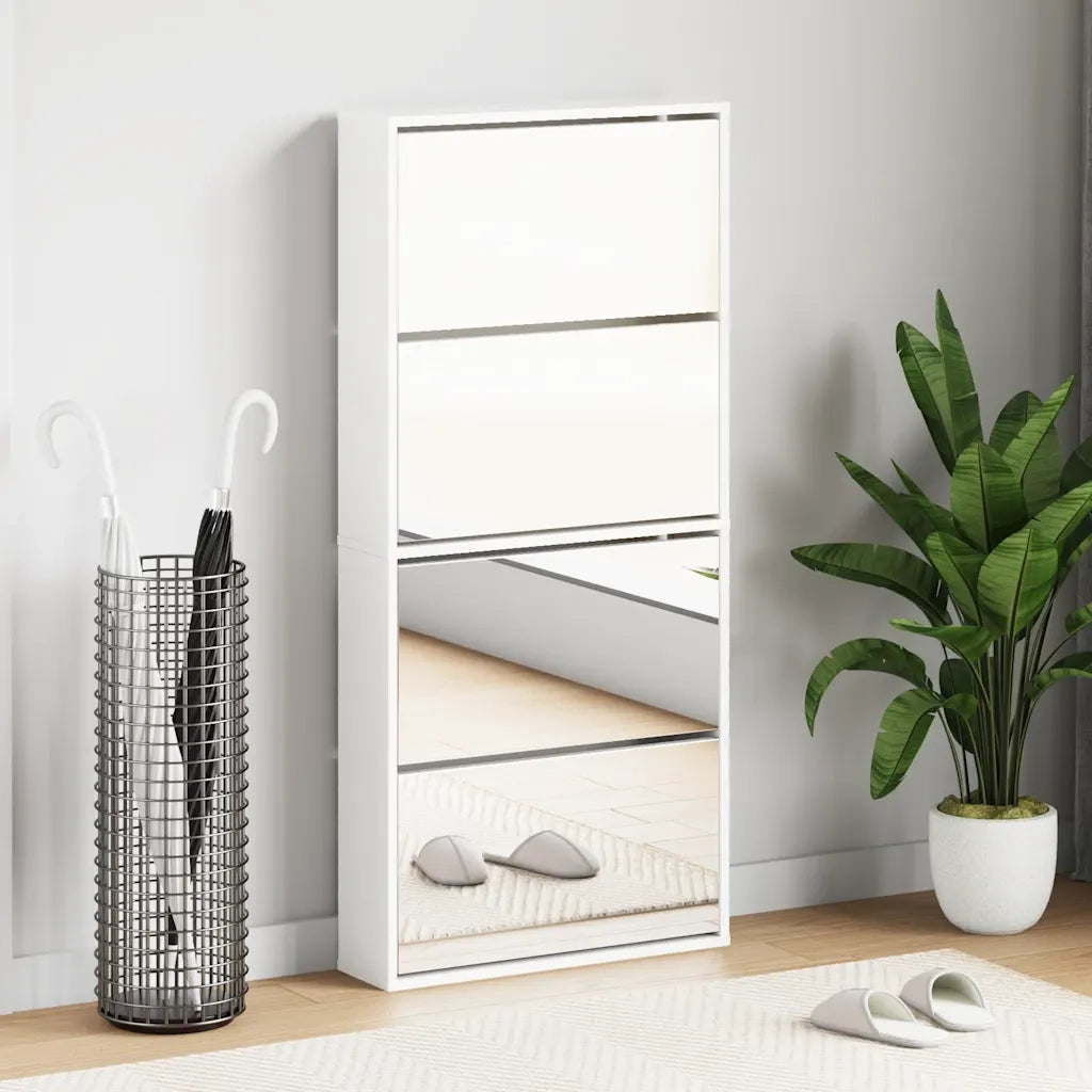 Scarpiera con Specchio a 4 Livelli-Mobile con specchio Bianco lucido 63x17x134 cm