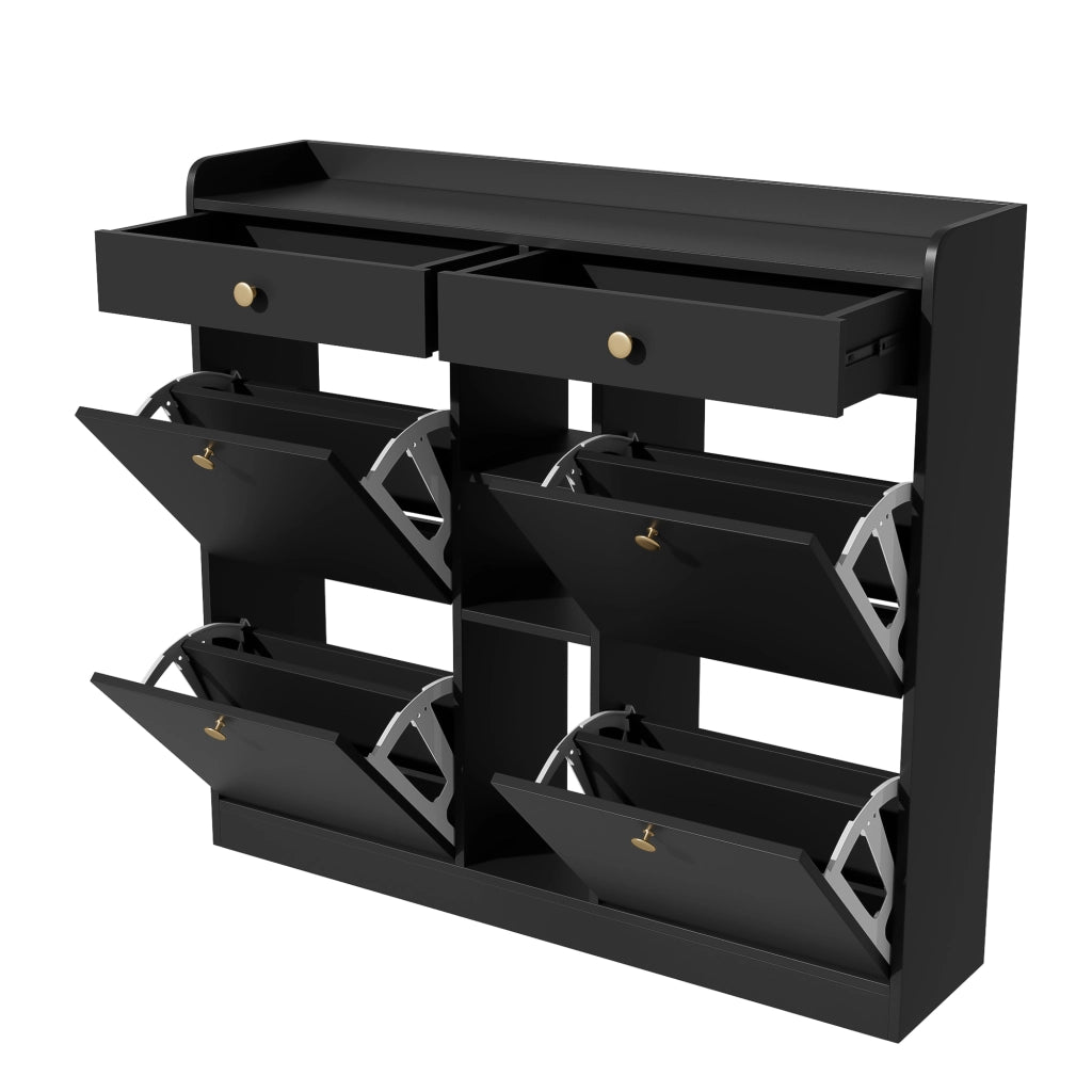 Scarpiera Nera 110×26×100 cm con 4 Ante a Ribalta; 2 Cassetti e 3 Vani Aperti; Mobile Porta Scarpe Salvaspazio
