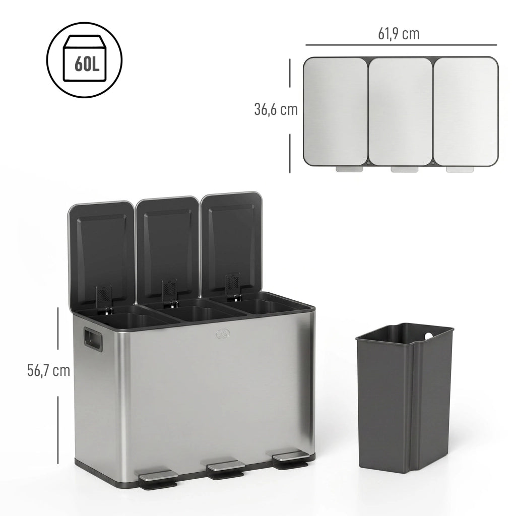 Pattumiera 3 Scomparti 20L ¨C Xylo ¨C Acciaio Inox Anti-Impronte Soft-Close