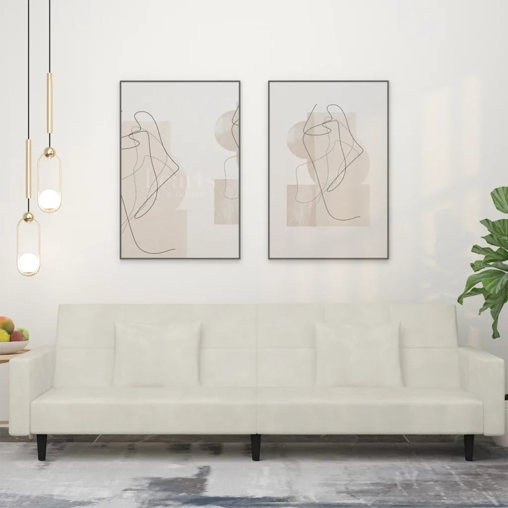 Divano Letto a 2 Posti con 2 Cuscini Crema in Velluto 375823