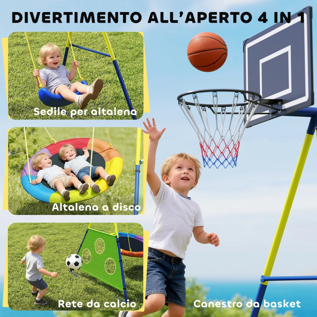 Set Altalena da Giardino 4 in 1 per Bambini 3-8 Anni con 2 Altalene Canestro e Porta da Calcio Multicolore