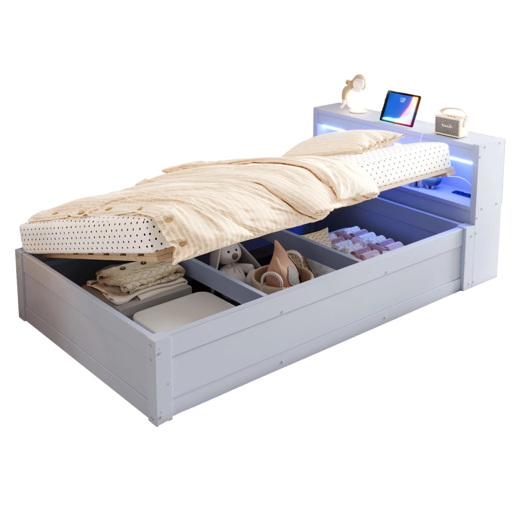 Letto multifunzionale 90x200 cm con vano contenitore, LED e presa integrata