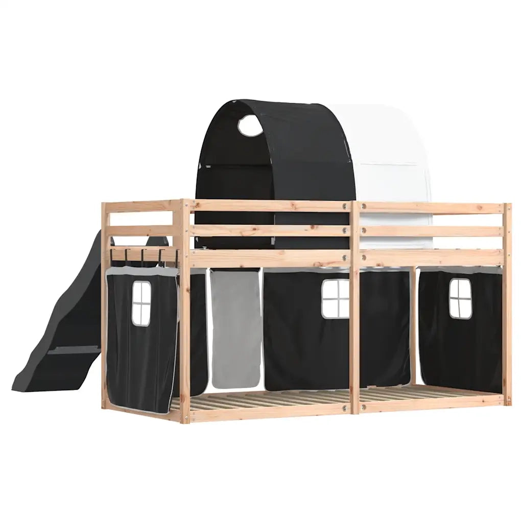 Letto singolo | Letto per adulti | Letto a Castello con Scivolo e Tende Bianco e Nero 80x200 cm
