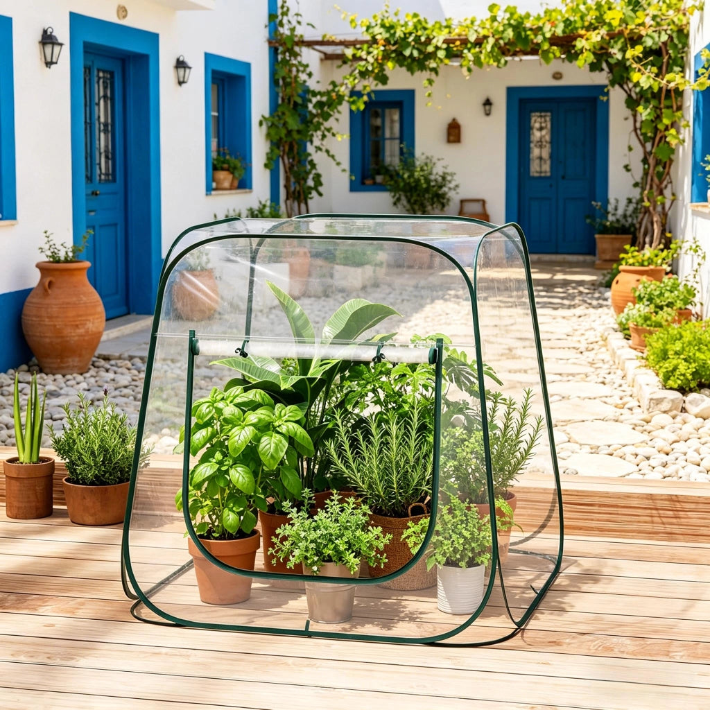 Mini serra pop-up trasparente in PVC e metallo con apertura a zip, 100 x 100 x 97 cm