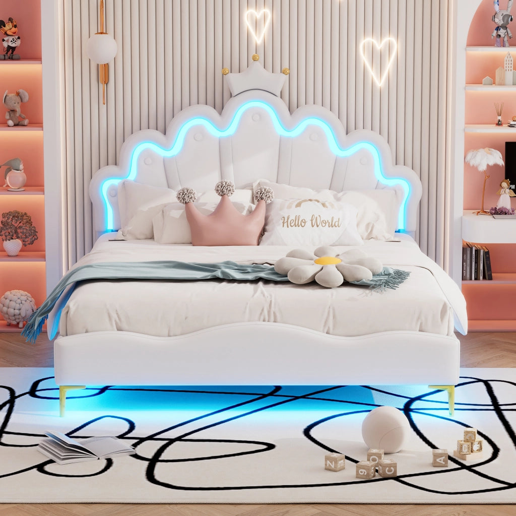 OKWISH Letto Matrimoniale 140×200 cm con LED Regolabile e Testiera Corona, Altezza Regolabile, senza Materasso, in PU, Bianco