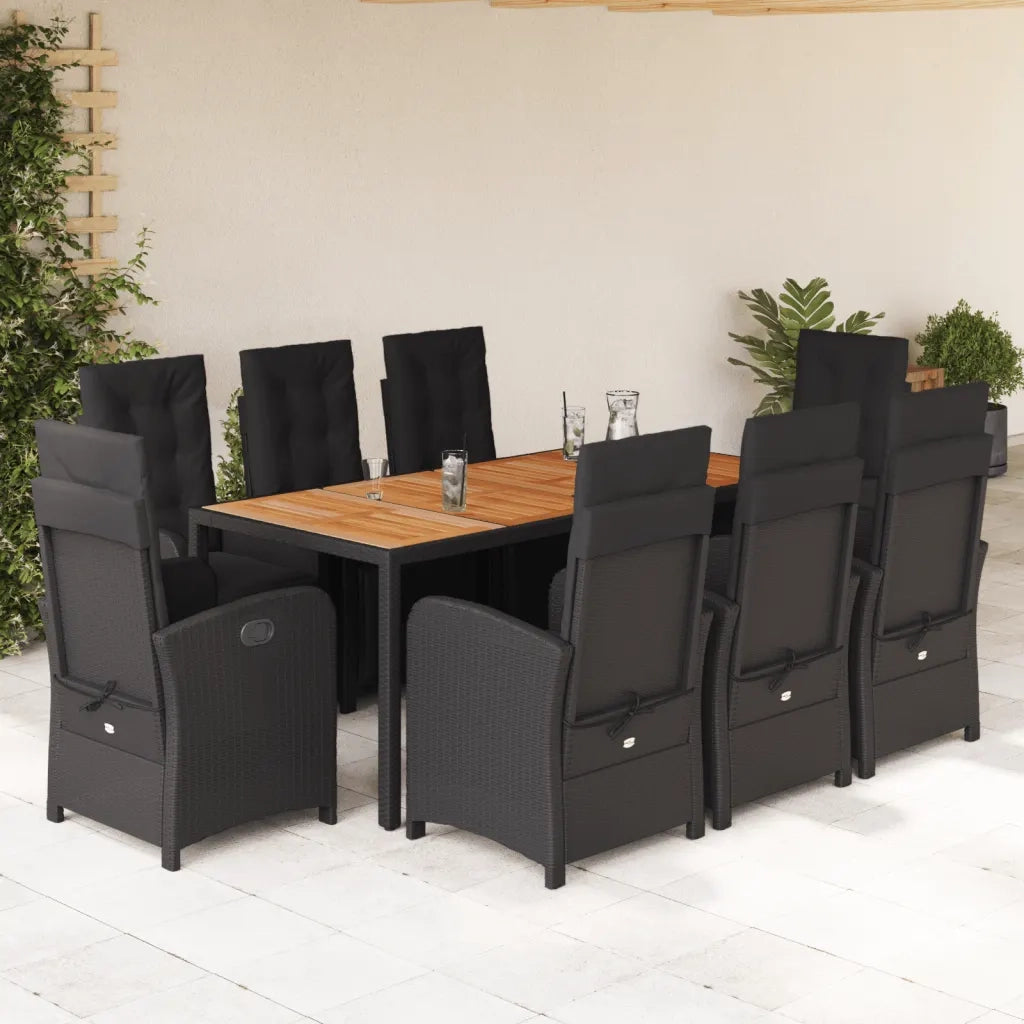 Set da Pranzo da Giardino 9 pz con Cuscini Nero in Polyrattan