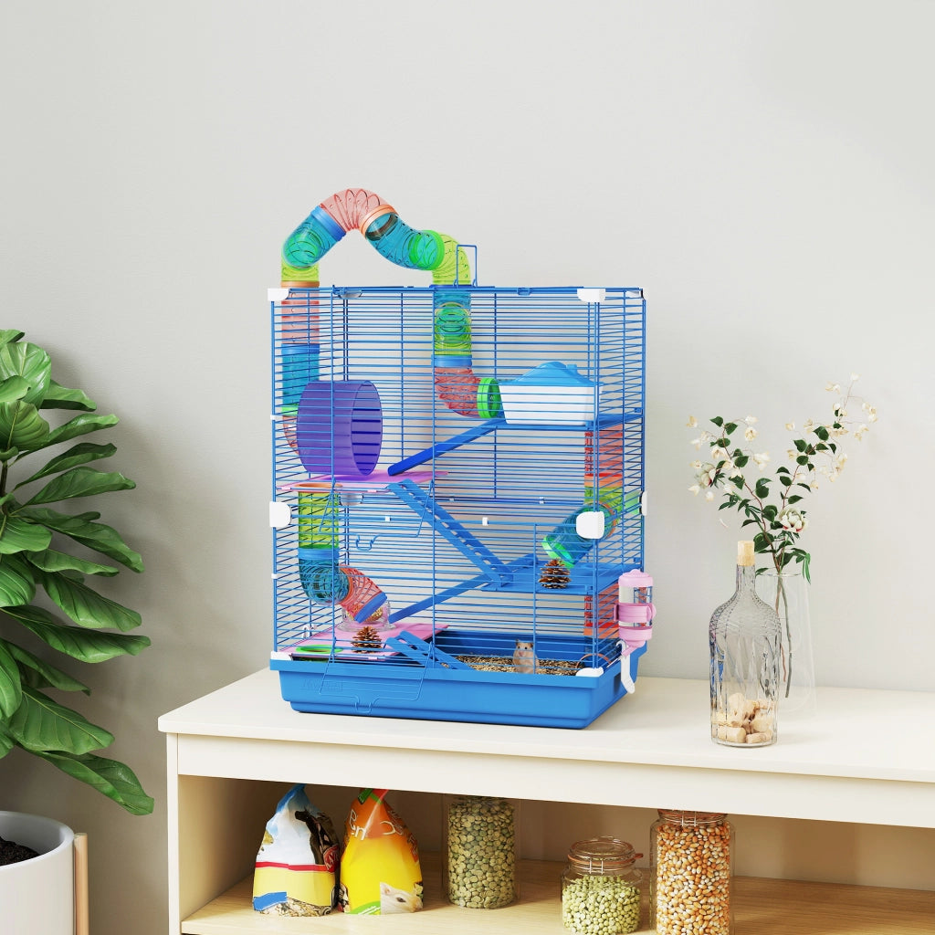 Gabbia per Criceti a 5 Piani 46x30x58 cm con Tubi Colorati e Accessori in Metallo Blu
