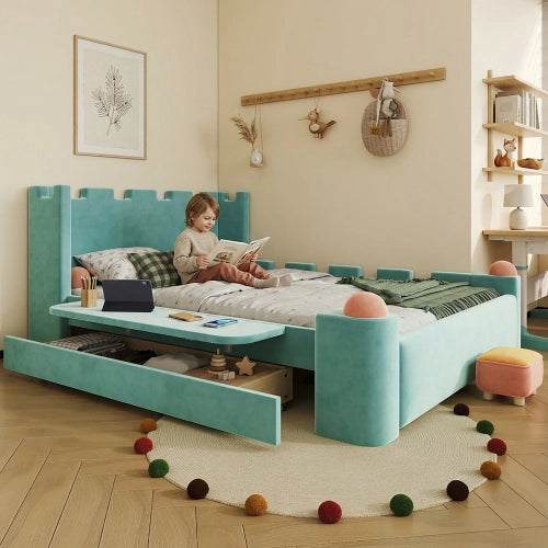 Letto imbottito 140x200 cm LEMONMAX per bambini, design castello, cassetto contenitore, ripiano laterale pieghevole, velluto francese blu-verde