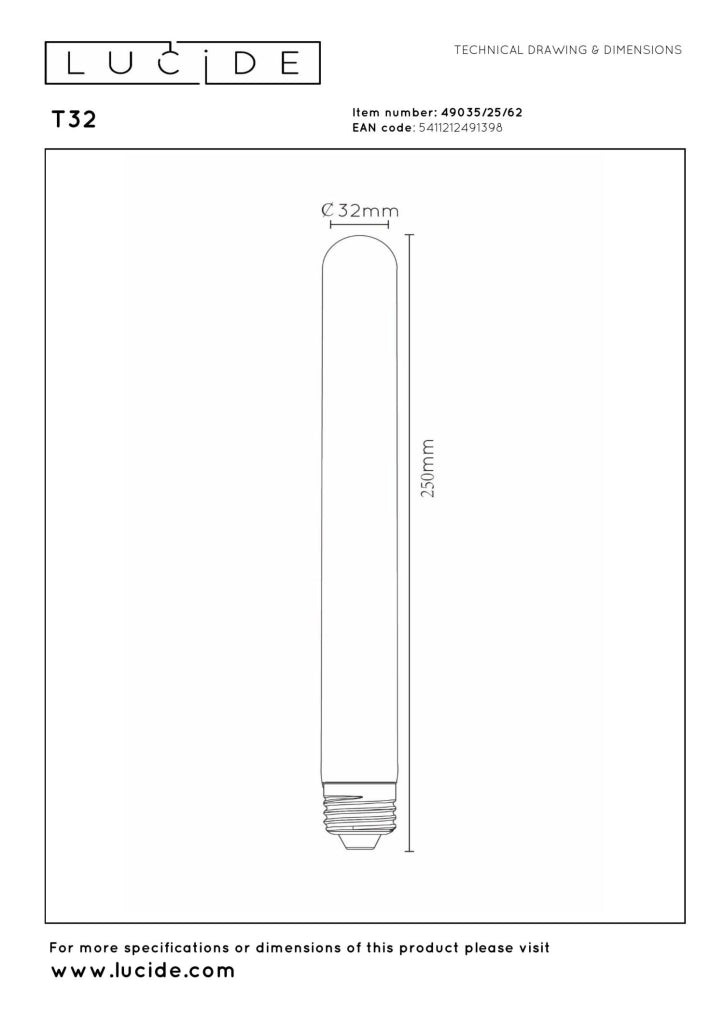 Lampadina LED Filament E27 T25 Ambra 5W 2200K Lucide
