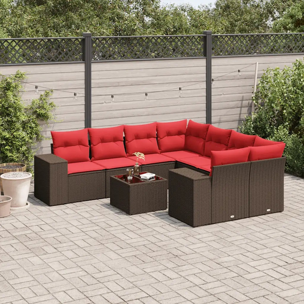 Set Divani da Giardino 9 pz con Cuscini Marrone in Polyrattan 3222363