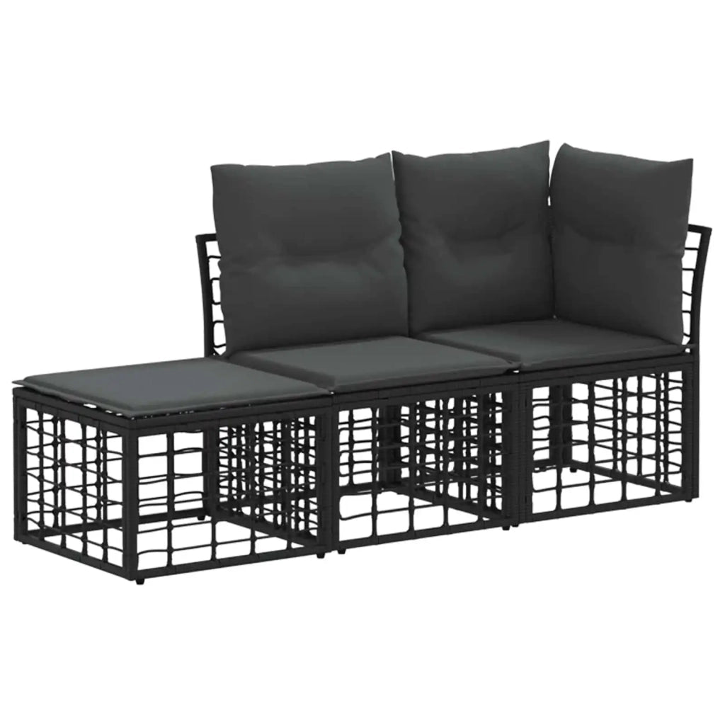 Set di divani da esterno con cuscino 3 pz | Set Salotto da Giardino Nero Poliestere