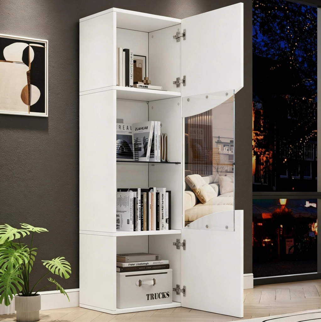 Vetrina 35x50x165 cm con illuminazione LED e 4 ripiani in legno e vetro bianco