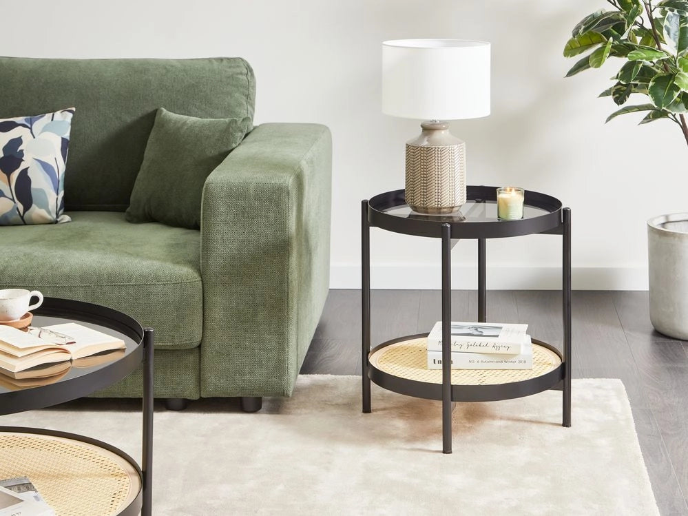 Tavolino con piano in vetro Struttura con 1 ripiano Intreccio viennese Legno chiaro stile moderno