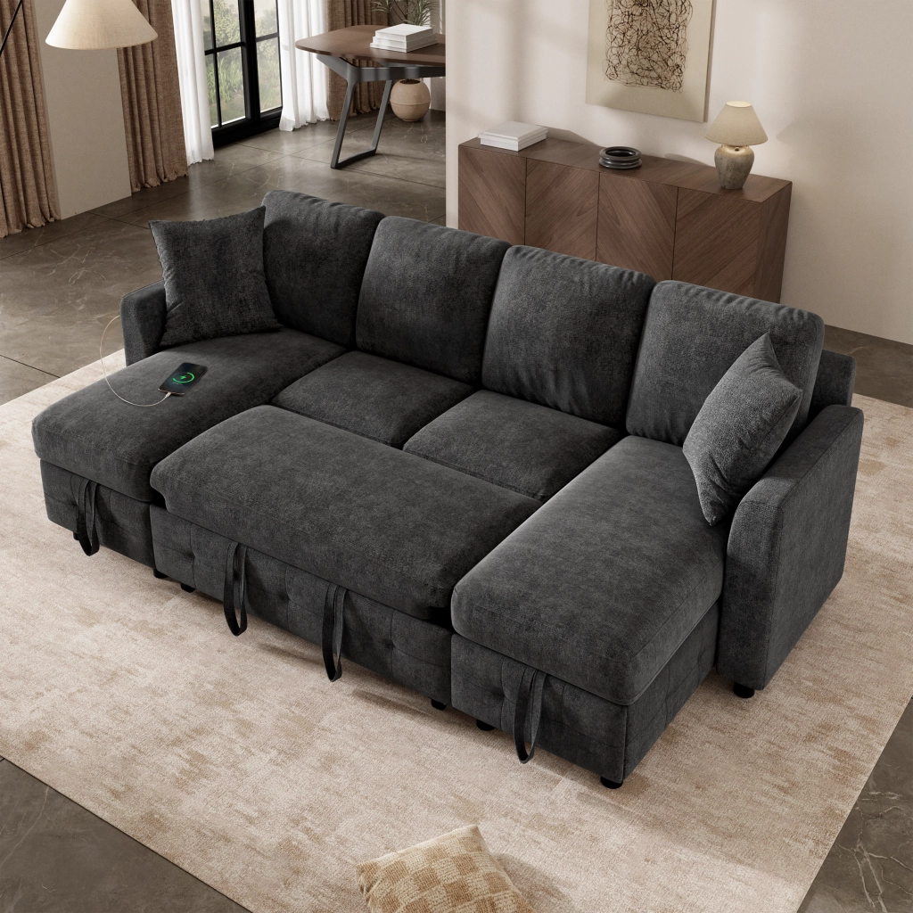 Divano letto angolare - con contenitore; USB e Type-C - in chenille grigio scuro