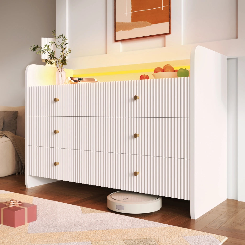 CREDENZA con LED, 120x40x75 cm, bianco, 6 cassetti