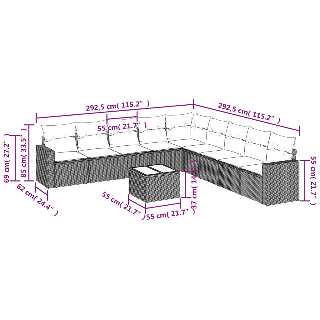 Set Divano da Giardino 10 pz con Cuscini Grigio in Polyrattan