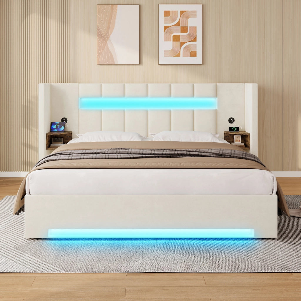 DESMIU Letto contenitore 180 × 200 cm 2 posti con USB, LED, vani portaoggetti, senza materasso, in velluto, beige