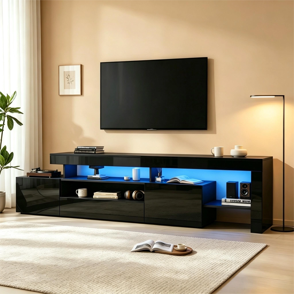 Mobile TV con 3 ante; LED e vani aperti - per soggiorno - 192×37×53 cm - nero