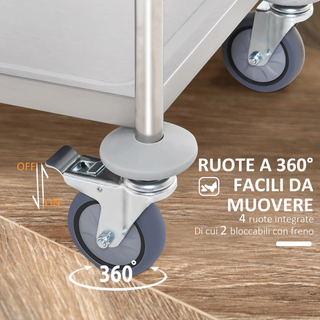 Carrello Cucina 2 Ripiani, Carrello con Ruote Portatutto, Carrello Portavivande in Acciaio Inox, 80x45x82cm, Argento