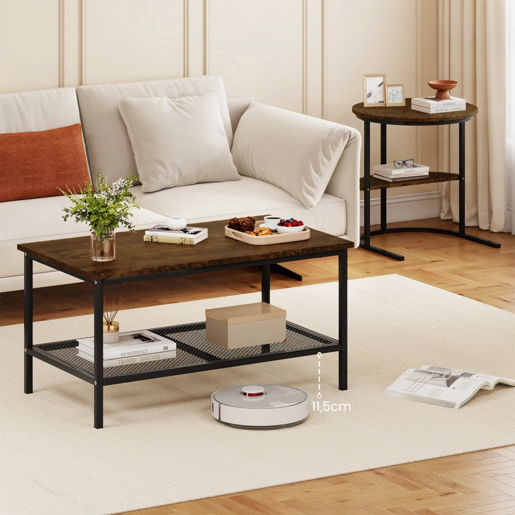 Set di tavolini da caff¨¨ componibili 2 in 1 con piano marmo sintetico e scaffale, Tavoli rotondo e rettangolare per soggiorno camera da letto Marrone