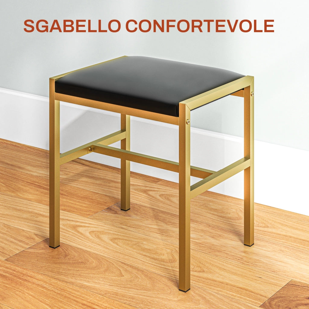 Toeletta Trucco con Specchio a 10 Lampadine e Sgabello Imbottito, Postazione Trucco con 2 Cassetti, 6 Ripiani Portaoggetti e Piedini Antiscivolo per Camera da Letto, Nero
