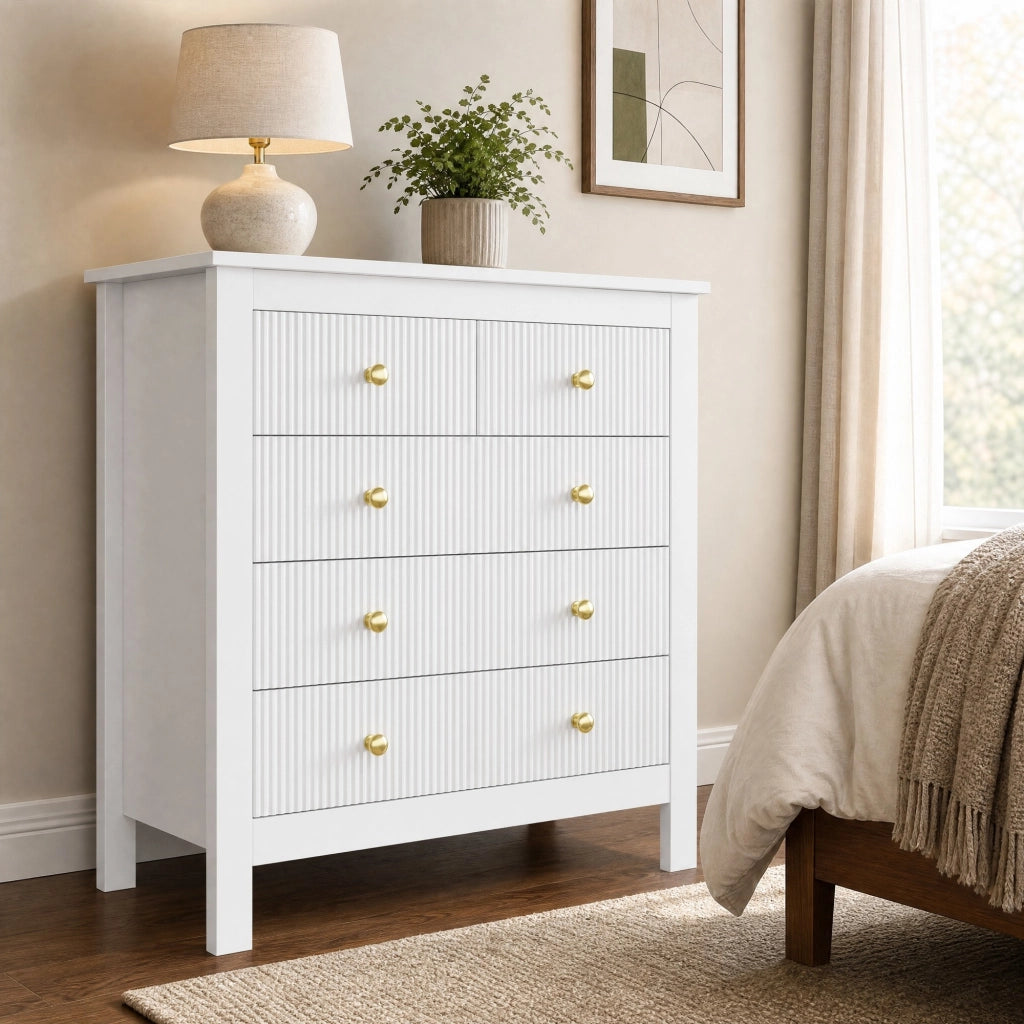 COMÒ 5 cassetti 79x80,5x39,5 cm bianco con maniglie dorate