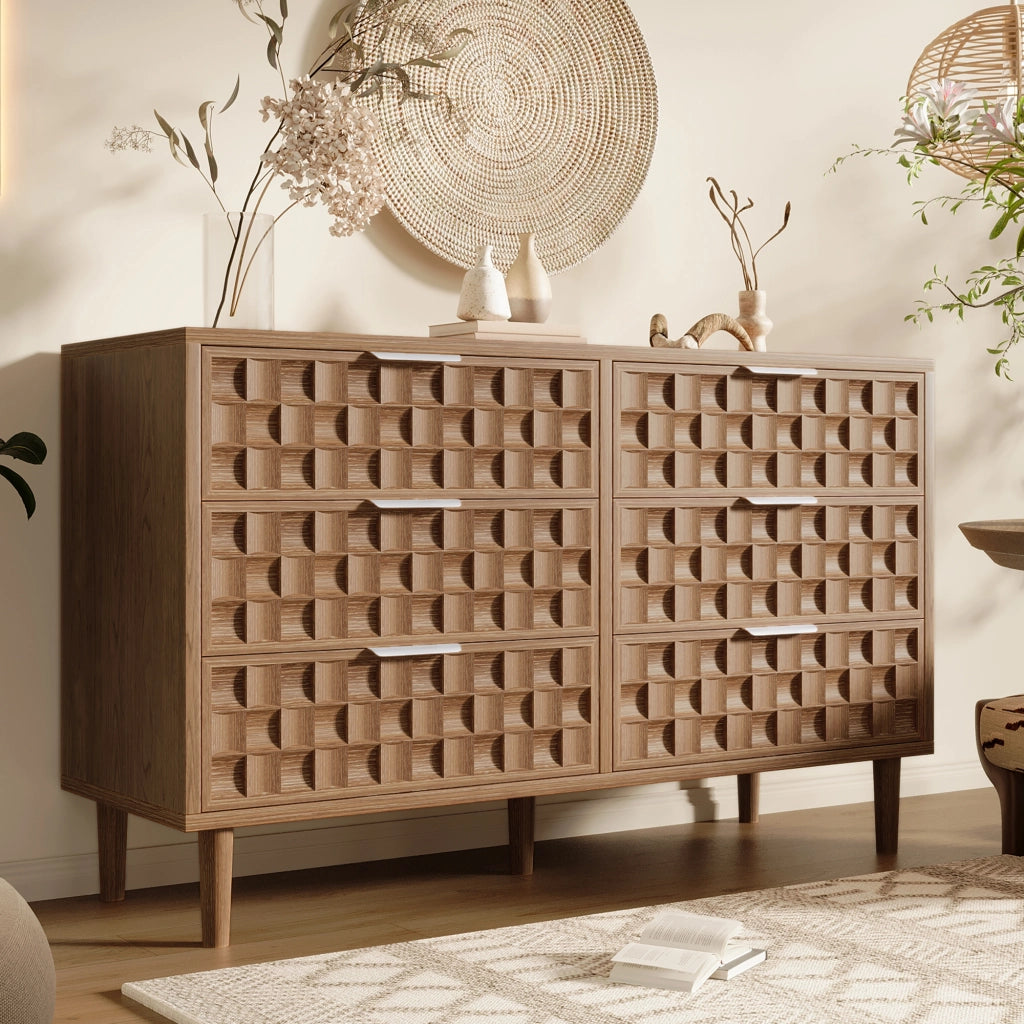 Credenza e madia con 6 cassetti; stile rétro; per soggiorno e ingresso; in MDF effetto rovere; 120 × 37 × 77 cm