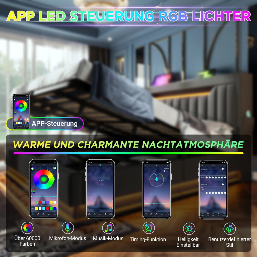 LETTO imbottito 90x200 cm con LED, USB e vano contenitore in lino grigio