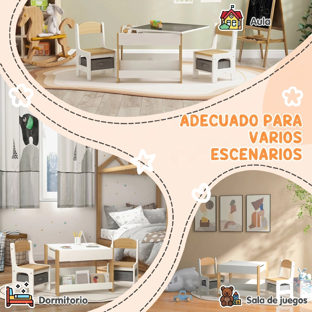 Tavolo per Bambini con Sgabelli e Pannello ¨C Minimal ¨C Bianco e Naturale 90x50x55