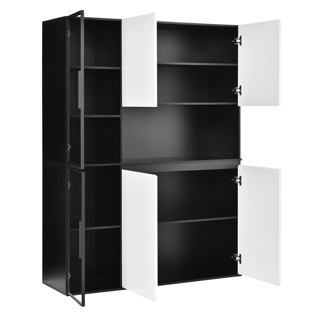 Vetrina, credenza, ante in vetro, luci a LED, MDF, bianco e nero