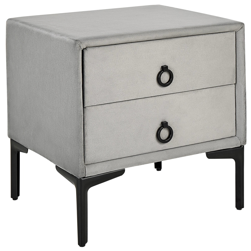 Comodino Velluto Grigio Chiaro Gambe in Metallo Nero con 2 Cassetti Contenitori 44x 38 cm Comodino