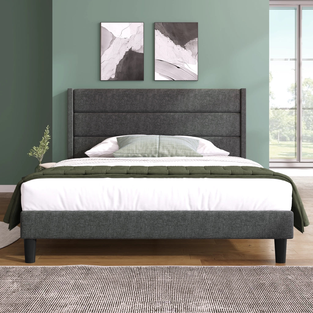 Letto imbottito 140 x 200 cm, struttura letto con rete a doghe e testiera, letto matrimoniale imbottito, rivestimento in tessuto di lino grigio scuro,