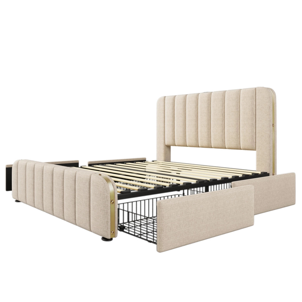 Letto contenitore matrimoniale 160×200 cm con 4 cassetti; USB Type-C e testiera imbottita; materasso incluso; beige