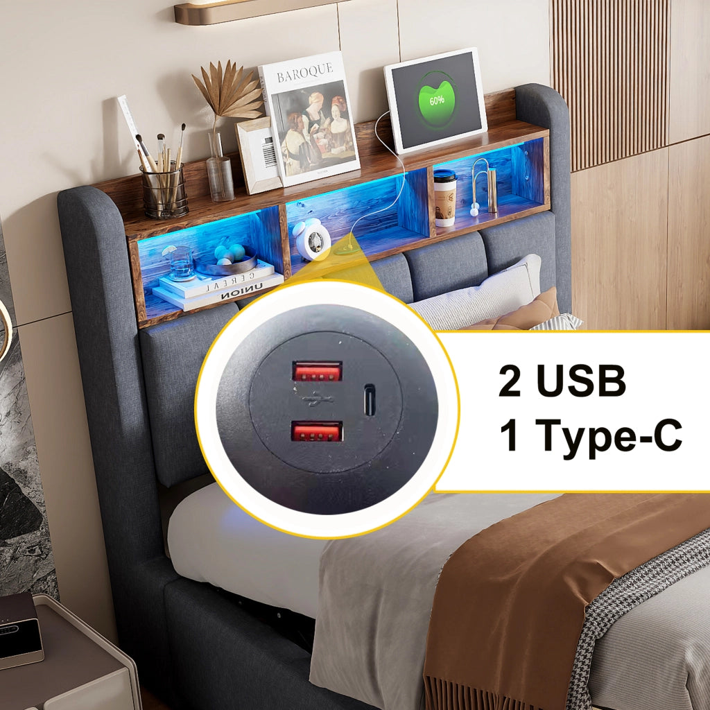 LETTO imbottito 90x200 cm Grigio con LED, USB e vano contenitore
