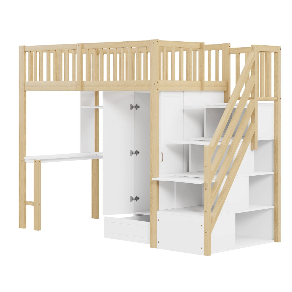 Letto a soppalco singolo 90×200 cm con armadio; scrivania e scala con cassetti; senza materasso; bianco e legno