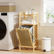 MOBILE BAGNO A DOGHE CON CESTO PORTABIANCHERIA E ARMADIETTO, IN BAMB¨ E POLIESTERE, 40X30X95 CM, GRIGIO E LEGNO