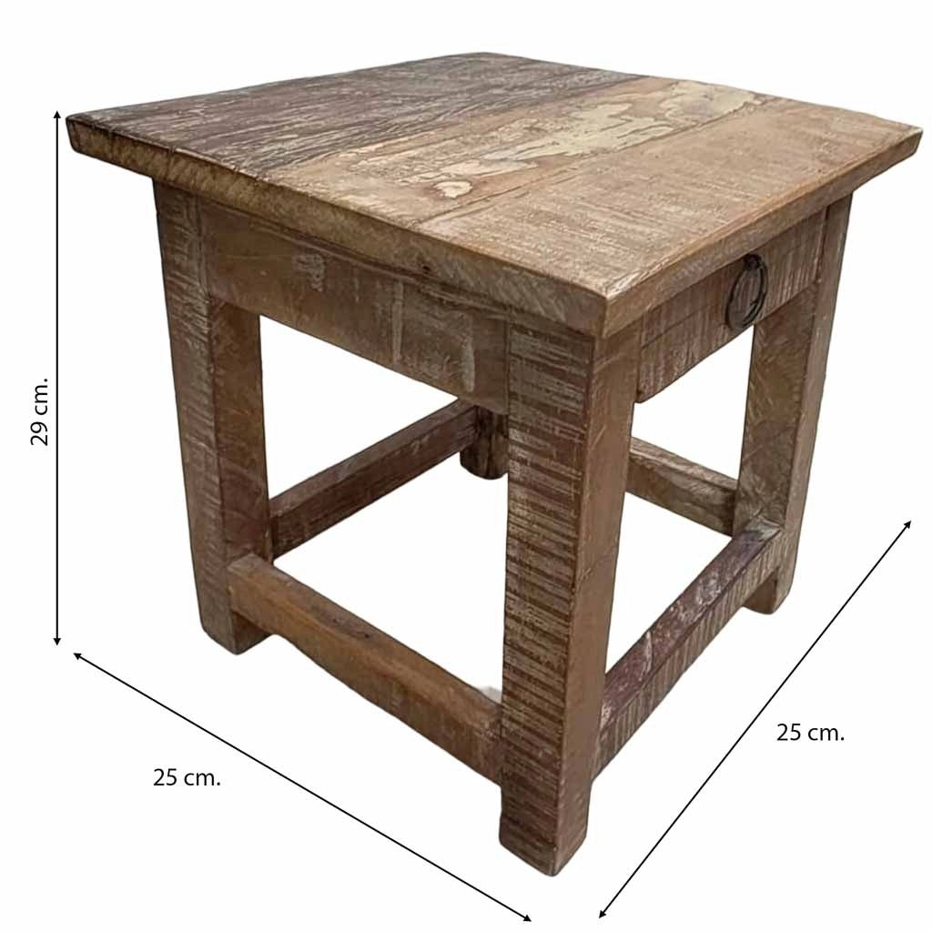 Sgabello con cassetto in legno con finitura artigianale marrone 25x25x29 h cm