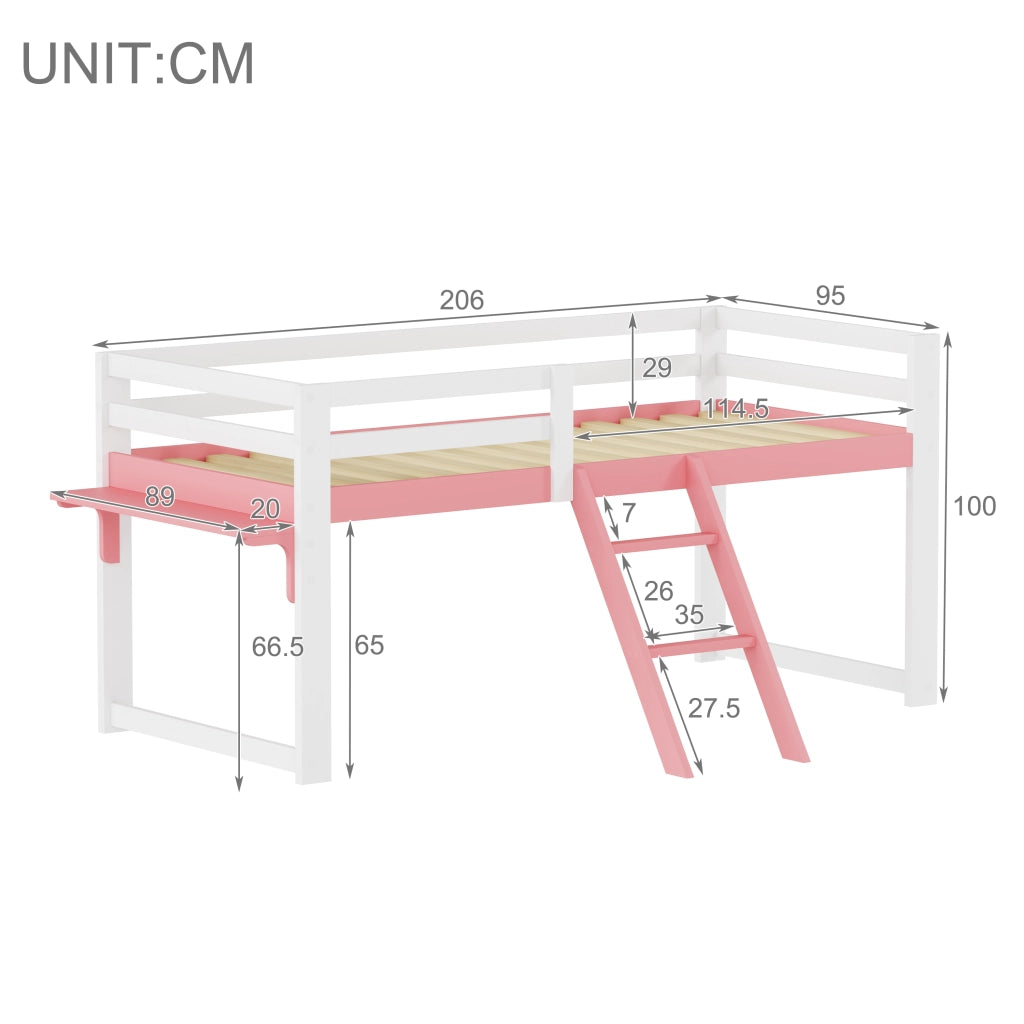 Letto a soppalco per bambini 90x200 cm in legno massello di pino, letto per bambini con sistema anticaduta, scaletta fissa e tavolino contenitore, ret