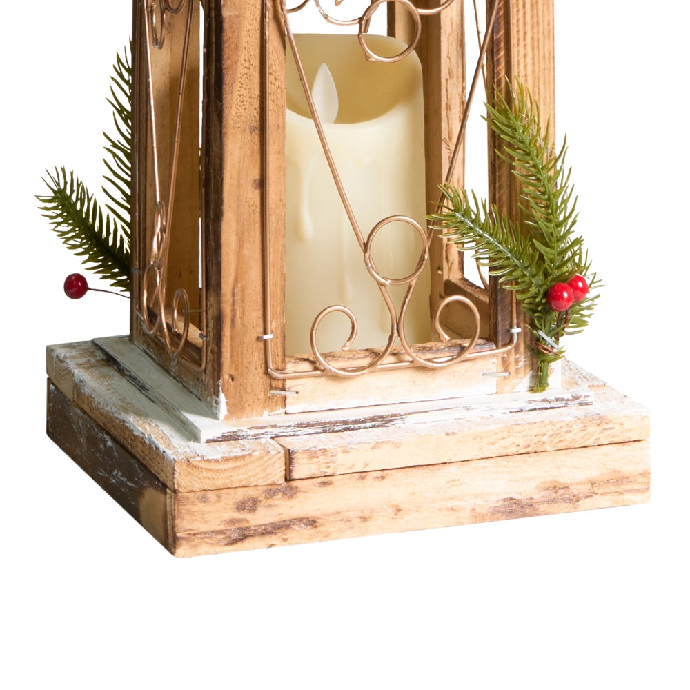 Lanterna LED in legno di abete marrone scuro Decorazione natalizia tradizionale fatta a mano
