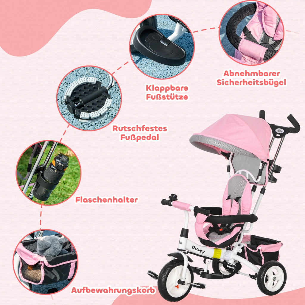 Triciclo 6-in-1 con maniglia, tettuccio e cestino ¨C Xylo ¨C Rosa, 1-5 anni