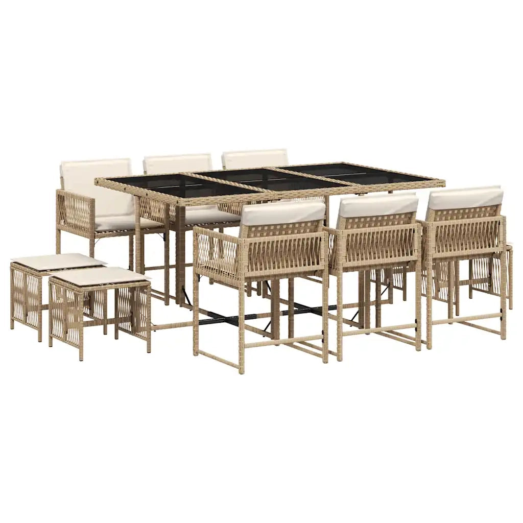 Set da Pranzo da Giardino 11 pz con Cuscini Beige in Polyrattan